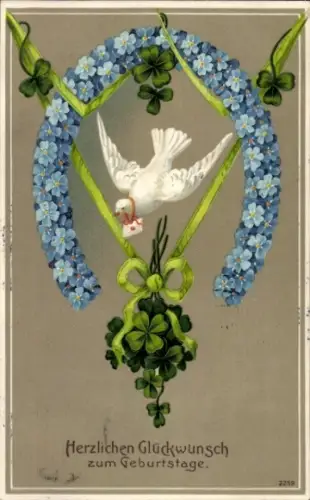 Ak Glückwunsch Geburtstag, Klee, Brieftaube, Vergissmeinnicht