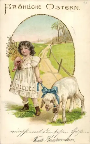 Präge Passepartout Ak Glückwunsch Ostern, Mädchen mit Lamm