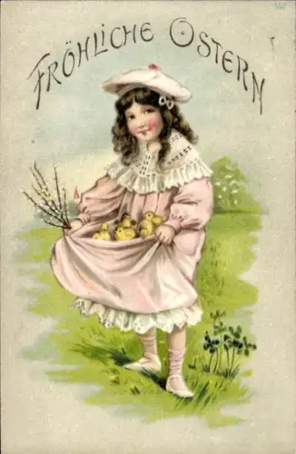 Litho Glückwunsch Ostern, Mädchen mit Küken, Weidenkätzchen