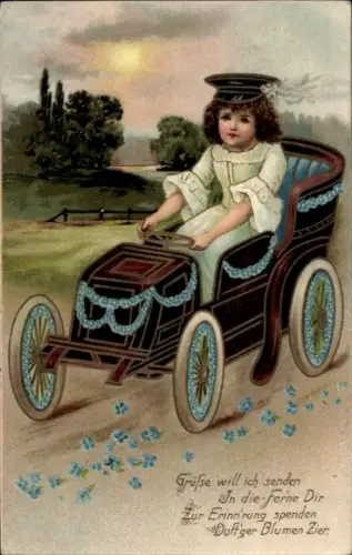 Präge Ak Mädchen im Automobil, Blumen, Vergissmeinnicht, Kitsch