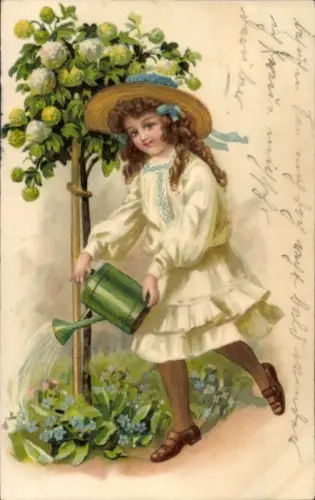 Litho Mädchen mit Gießkanne, Blumen