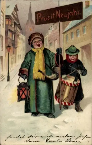 Ak Glückwunsch Neujahr, Kinder, Trommel, Handlaterne