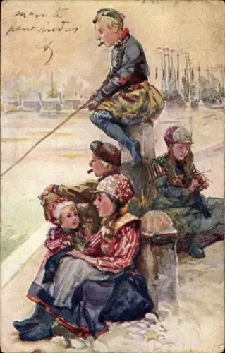 Künstler Ak Hafenpartie, Kinder in Niederländischer Tracht