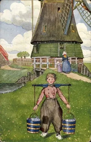 Künstler Ak Dorfpartie, Windmühle, Wasserträger in Niederländischer Tracht