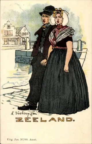 Künstler Ak Paar in holländischer Tracht aus Zeeland