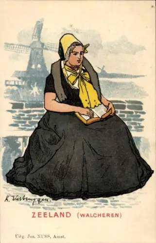 Künstler Ak Frau mit Buch in holländischer Tracht aus Zeeland, Windmühle
