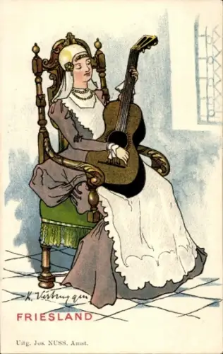 Künstler Ak Frau mit Gitarre in holländischer Tracht aus Friesland