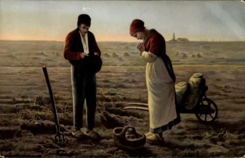 Ak Landwirtschaft, Bauern, Gebet, Schubkarre