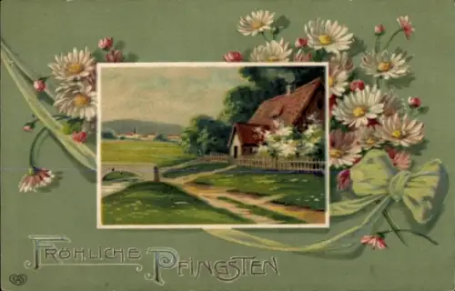 Präge Ak Glückwunsch Pfingsten, Wohnhaus, Margeriten