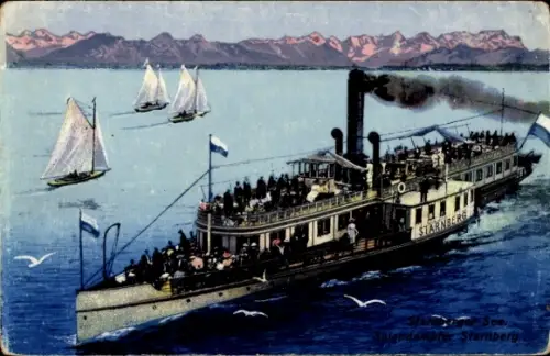 Ak Starnberger See, Dampfer Starnberg, Segelboote