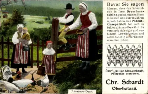 Ak Menschen in schwedischen Trachten, Werbung, Dreschmaschine, Chr. Schardt