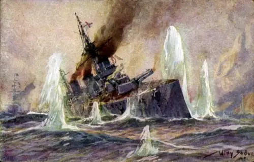 Künstler Ak Stöwer, W., Englischer Schlachtkreuzer im Salvenfeuer deutscher Kreuzer