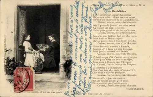 Ak Französische Tracht, Mädchen beim Klöppeln, Gedicht La Dentelliere