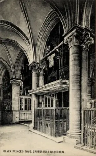 Ak Canterbury Kent England, Schwarzes Grab, Canterbury Kathedrale, Säulen, Gitter, Statue
