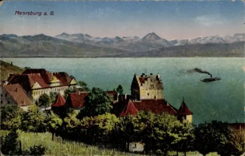 Ak Meersburg am Bodensee, Meersburg am Bodensee, Berge im Hintergrund, Dampfer auf dem Wasser