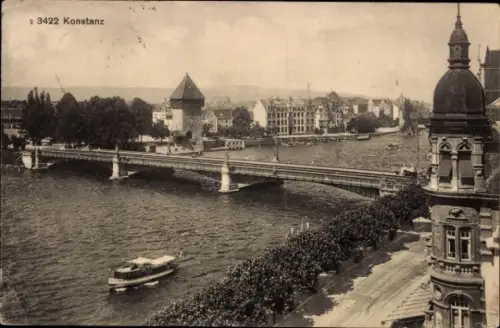 Ak Konstanz am Bodensee, Brücke, Fluss, Boote, Häuser, Konstanz