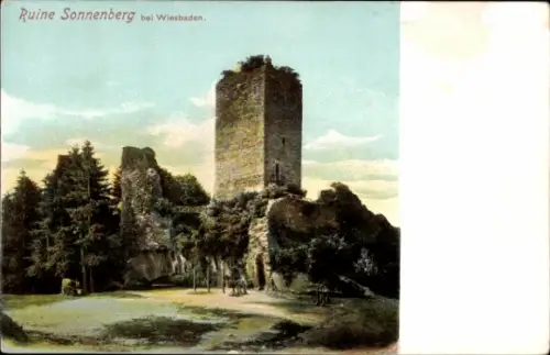 Ak Sonnenberg Wiesbaden in Hessen, Ruine Sonnenberg, Turm, Bäume, Felsen