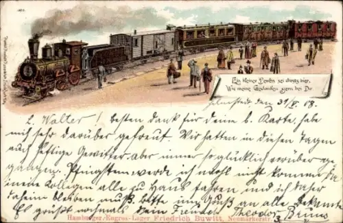 Litho Dampflok in einem Bahnhof, Reisende