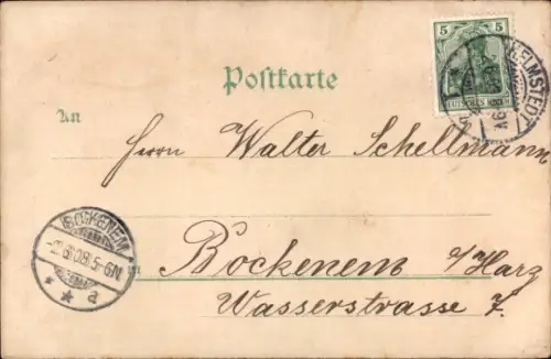 Litho Dampflok in einem Bahnhof, Reisende