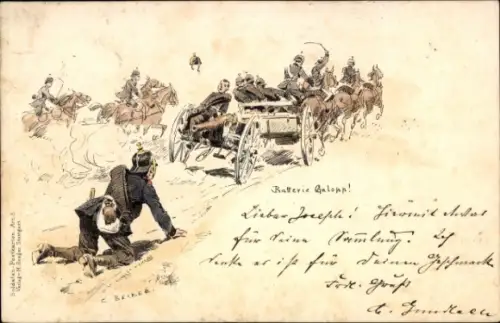 Künstler Litho Becker, Carl, Batterie Galopp, Artillerie, Geschütztransport, Soldatenhumor, I. WK
