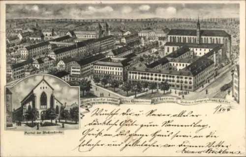 Litho Regensburg an der Donau Oberpfalz, Kirchen, Seminar, Gymnasium