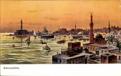 Ak Alexandria Ägypten, Hafenansicht, Boote,  Leuchtturm, Palmen