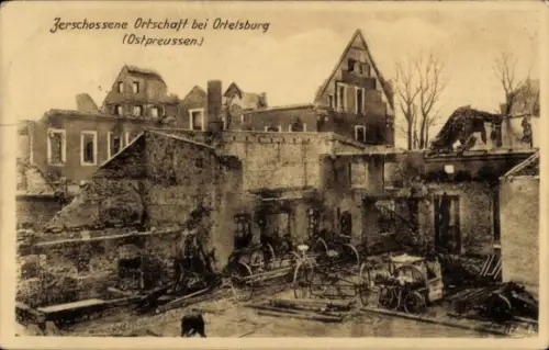 Ak Szczytno Ortelsburg Ostpreußen, Zerschossene Ortschaft, I. WK