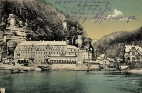 Ak Hřensko Herrnskretschen Elbe Region Aussig, Farbige Ansicht von  Elbe, Hotel, Felsen, Wasser