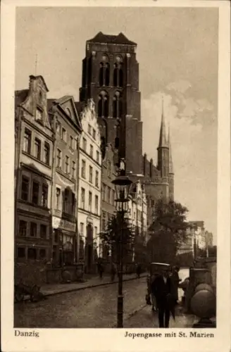 Ak Gdańsk Danzig,  Jopengasse mit St. Marien,  Gebäude, Straßenansicht