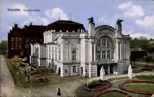 Ak Toruń Thorn Westpreußen, Stadttheater  Blumenbeete, Statue, 