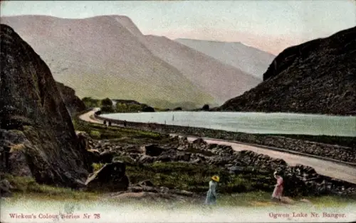 Ak County Gwynedd Wales, Llyn Ogwen, Ogwen Lake, Wicken's Colour Series Nr 78, Landschaft, Mensch