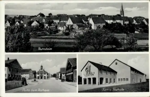 Ak Rutesheim in Württemberg,  Partie beim Rathaus, Turn- und Festhalle