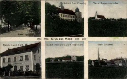 Ak Moos am Bodensee, Schlaß Graf Preysing, Pfarrei, Mädchenschule, Brauerei, Geschäft Funk
