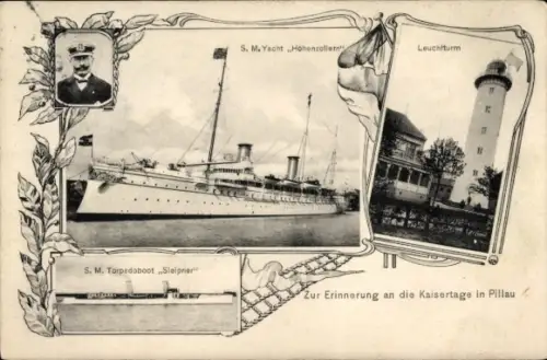 Ak Baltijsk Pillau Ostpreußen, Kaisertage, SMY Hohenzollern, Torpedoboot Sleipner, Leuchtturm