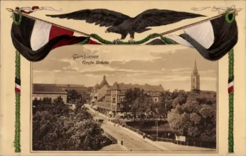 Passepartout Ak Gussew Gumbinnen Ostpreußen, Große Brücke, Fahnen, Adler