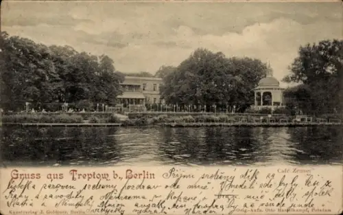 Ak Berlin Treptow, Gewerbeausstellung 1896, Flussufer, Gebäude, Café Zenner, Grußtext in deuts...