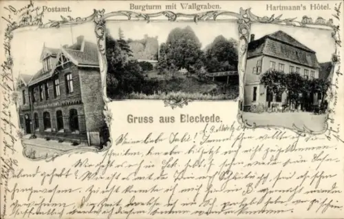 Ak Bleckede an der Elbe, Postamt, Burgturm, Wallgraben, Hartmanns Hotel
