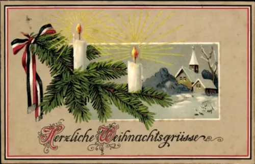 Ak Frohe Weihnachten, Dorfidyll, Tannenzweig, Kerzen, Flaggenband