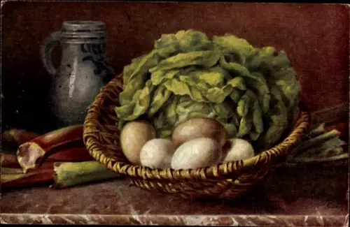 Künstler Ak Stillleben, Eier, Kopfsalat