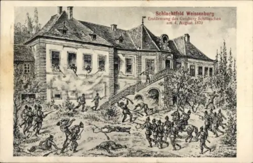 Ak Wissembourg Weißenburg Elsass Bas Rhin, Schlacht, Erstürmung des Geisberg Schlösschen 1870