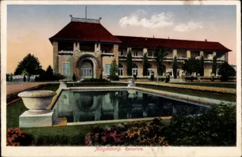 Ak Magdeburg an der Elbe,  Rennplatz, Gebäude, Teich, Pflanzen