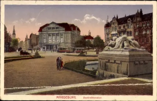 Ak Magdeburg an der Elbe, MAGDEBURG, Zentraltheater, Straßenbahn, Brunnen, Menschen