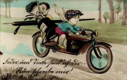Künstler Ak Kinder auf einem Motorrad, Tintenfass