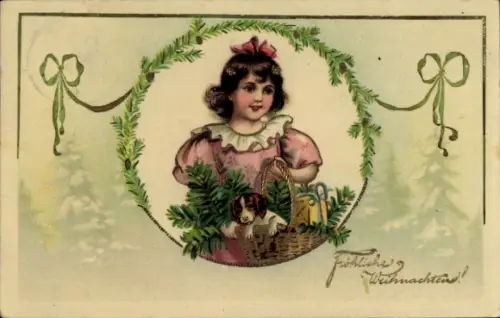 Passepartout Ak Frohe Weihnachten, Mädchen mit Weidenkorb, Hund