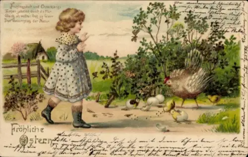 Präge Gold Ak Glückwunsch Ostern, Mädchen mit Henne und Küken