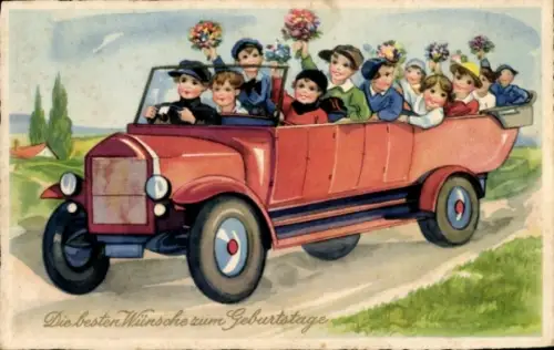 Ak Gratulanten auf dem Weg zum Geburtstagskind, Blumen, Auto