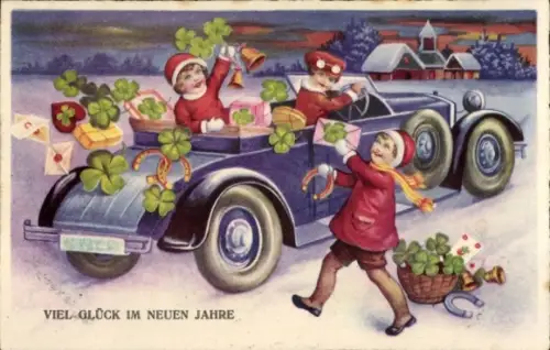 Ak Glückwunsch Neujahr, Kleeblatt, Kinder, Auto