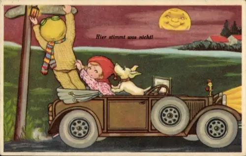 Künstler Ak Boriss, Margret, Automobil, Hund, Wegweiser, Mondschein, Amag 0323