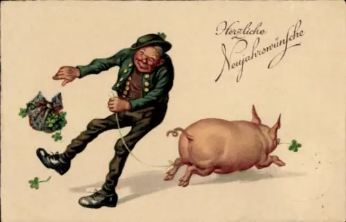 Litho Glückwunsch Neujahr, Mann, Schwein, Kleeblatt