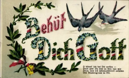 Künstler Ak Behüt Dich Gott, Schwalben, Lorbeer, Patriotik